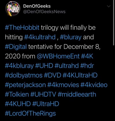 Coming December 2020 the Hobbit Theatrical and extended editions on 4K twitter.jpg